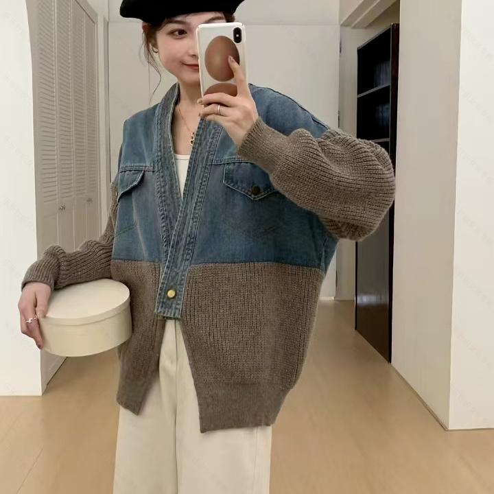 Dimanaf 2025 Autumn New Jacket Women Sweaters Coat Patchwork Wadded Coat Cardigan Knitting Pockets Fake Two-Piece Sweater