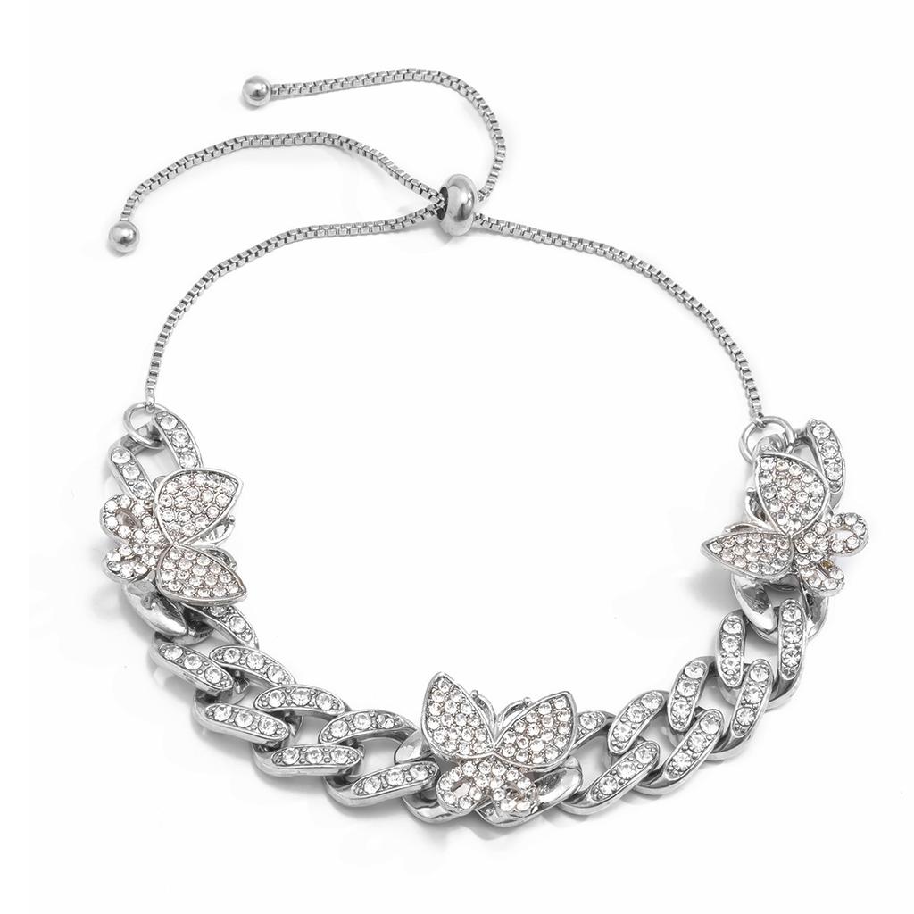 Simple Temperament Diamond-Encrusted Butterfly Anklet Female, Hip-Hop Retro Diamond-Encrusted Cuban Chain Foot Decoration