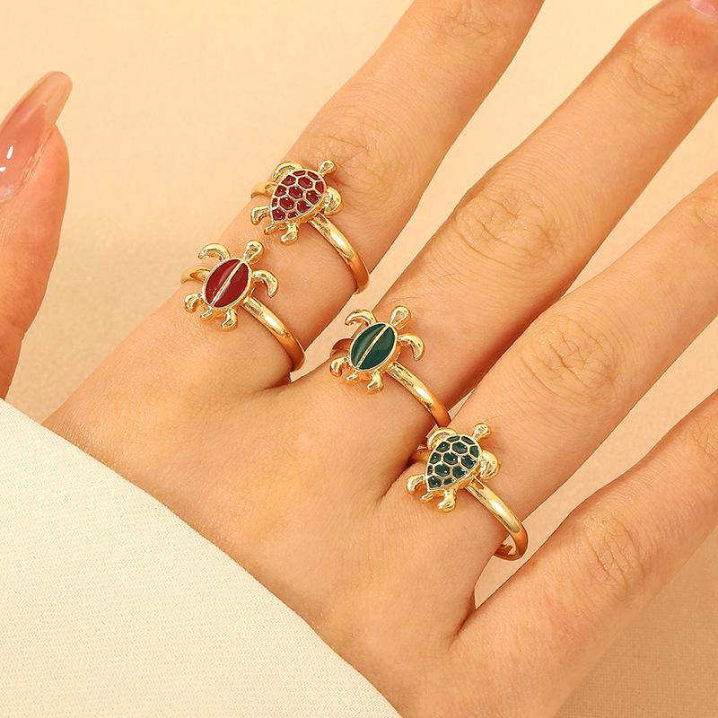 Bohemian Ocean Resort-Style Retro Ring Set: Turtle & Starfish Design