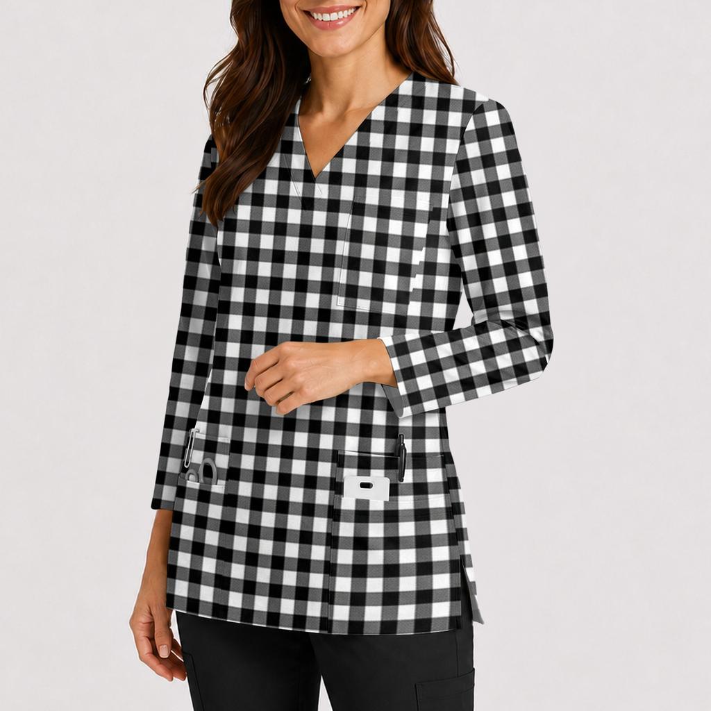 Damen-Uniform-Oberteil Farbe V-Ausschnitt 3/4-Ärmel mit Taschen und Seitenschlitz