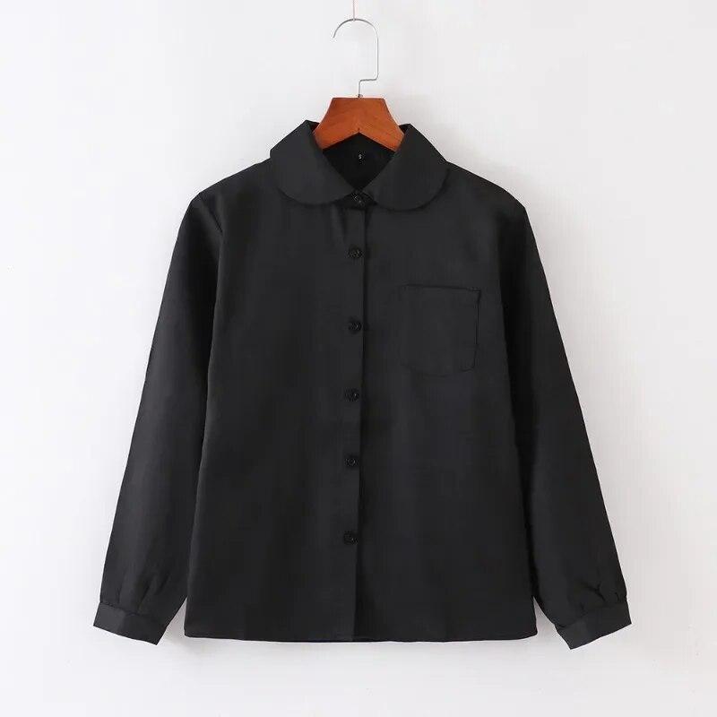 Japanese Style Fashion Pointed Turn Down Collar Blouse Autumn Long Sleeve Shirt With Pocket Women Tops Solid Color Clothes 29876