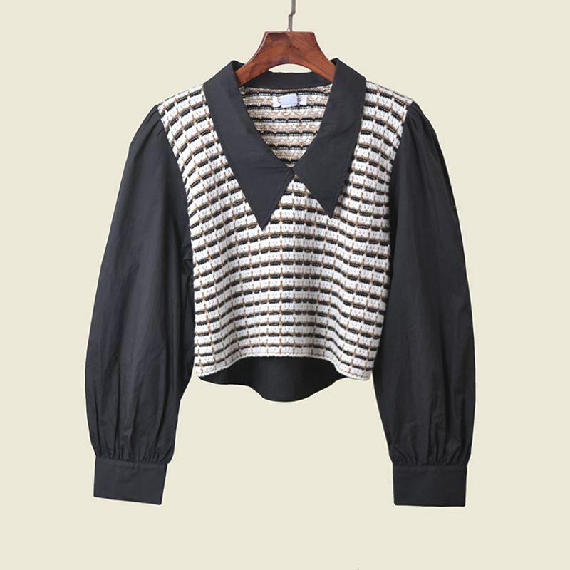 

UJIA Brand Preppy Style Patchwork Fashion Knitwear All-Matching Striped Lapel Pullover Retro French Tops Black S