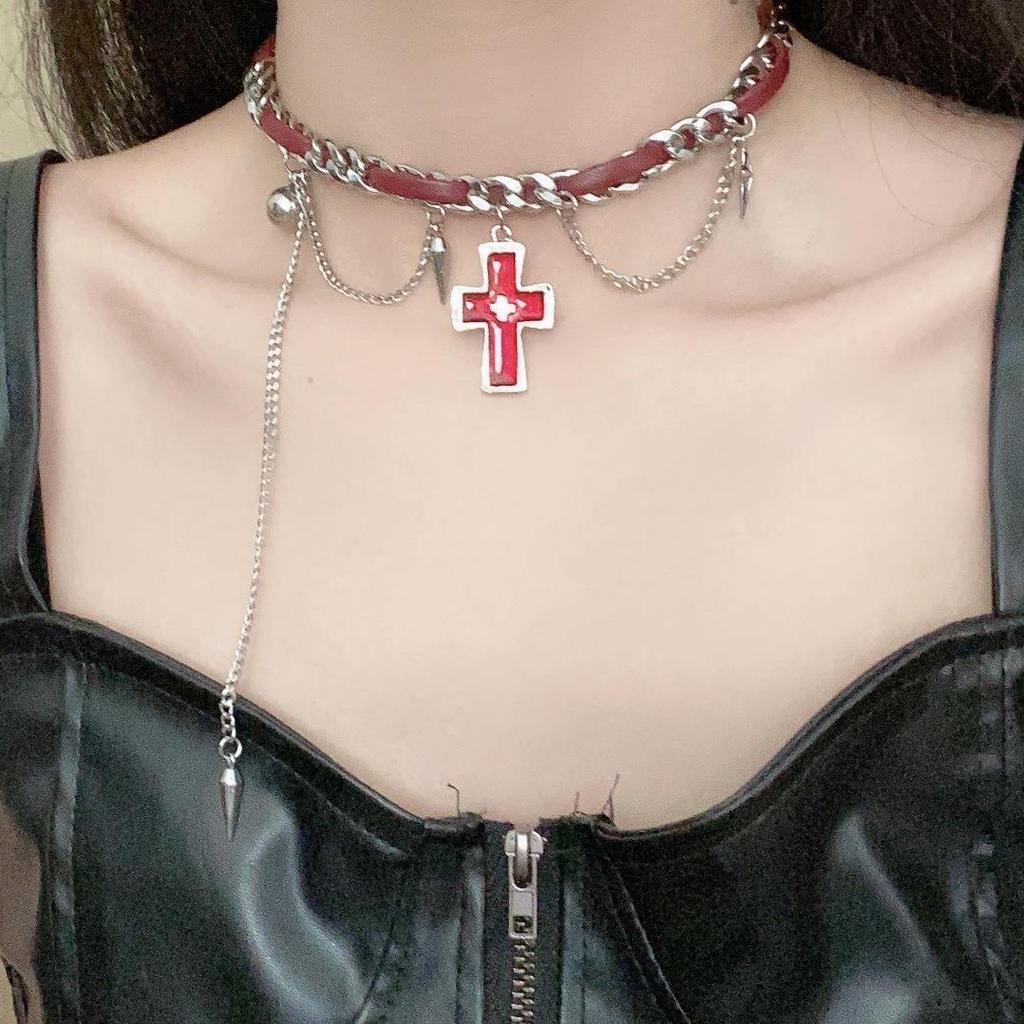Diamond-Encrusted Star Tassel Cross Choker Necklace