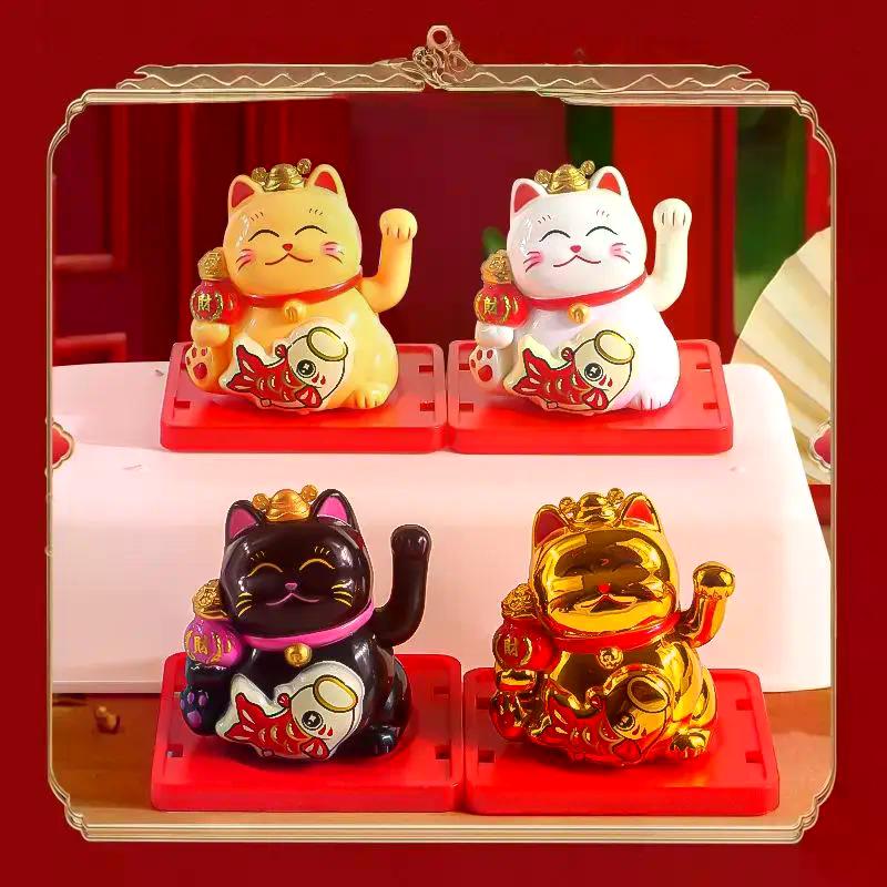 1Pcs Waving Wealth Good Fortune Awaits Solar-Powered Ornaments For Home And Office Lucky Beckoning Cat Solar Powered