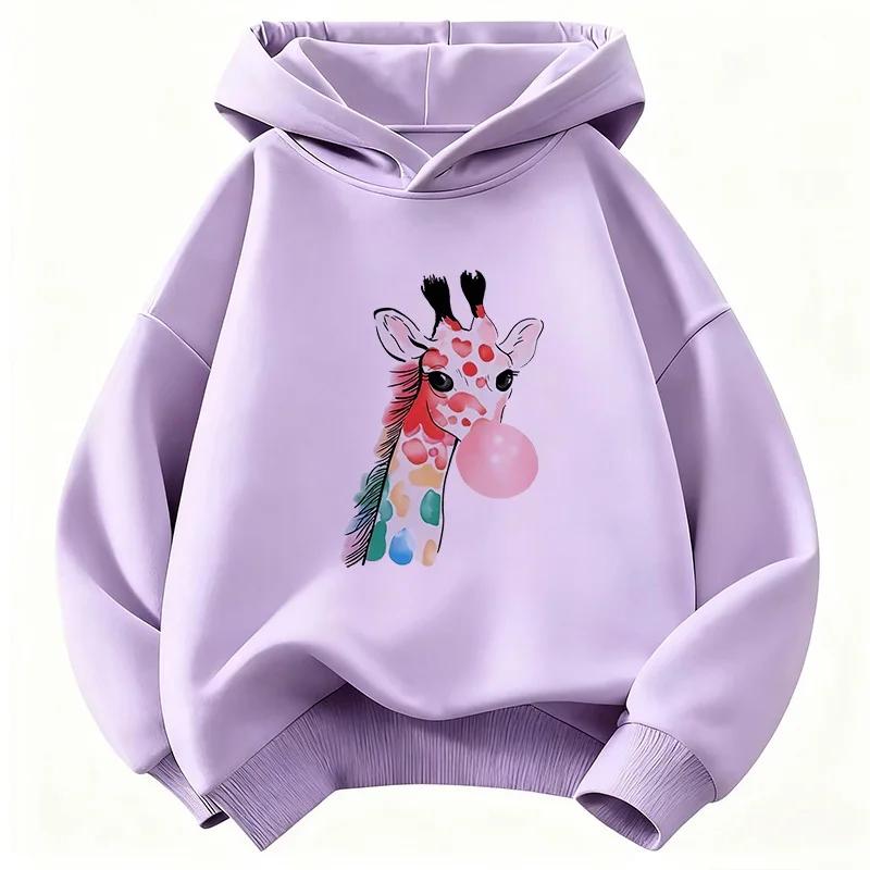 Giraffe Print Rubber-print Children's Hoodie, 90s Style, Suitable for Both Boys and Girls, Casual Hip-hop Clothing.