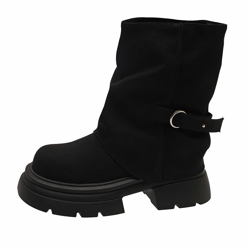 Fashion Women Boots Middle Follow Thick Sole Anti-slip Waterproof Platform Retro Upgraded Round Head Fang Hei Shoes Botas Mujer