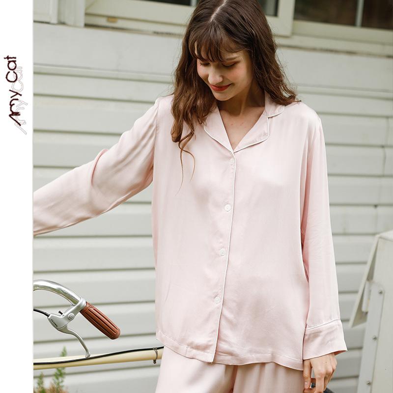 Mixi cat spring human cotton satin, lapel satin simple solid color loungewear long-sleeved trousers set women's T
