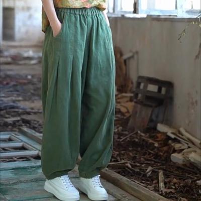 Women Vintage Ramie Bloomers Pants Elastic Waist Solid Color Loose Spring Patchwork Women Long Pants