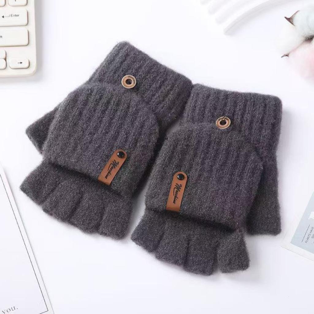 Winter Thick Half Finger Flip Gloves for Cute Women, Warm Cycling in Winter, Knitted for Students To Write and Type On