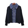 Autumn and Winter New Splicing Denim Double Zipper Knitted Cardigan Short Design Loose Sweater Jacket Women