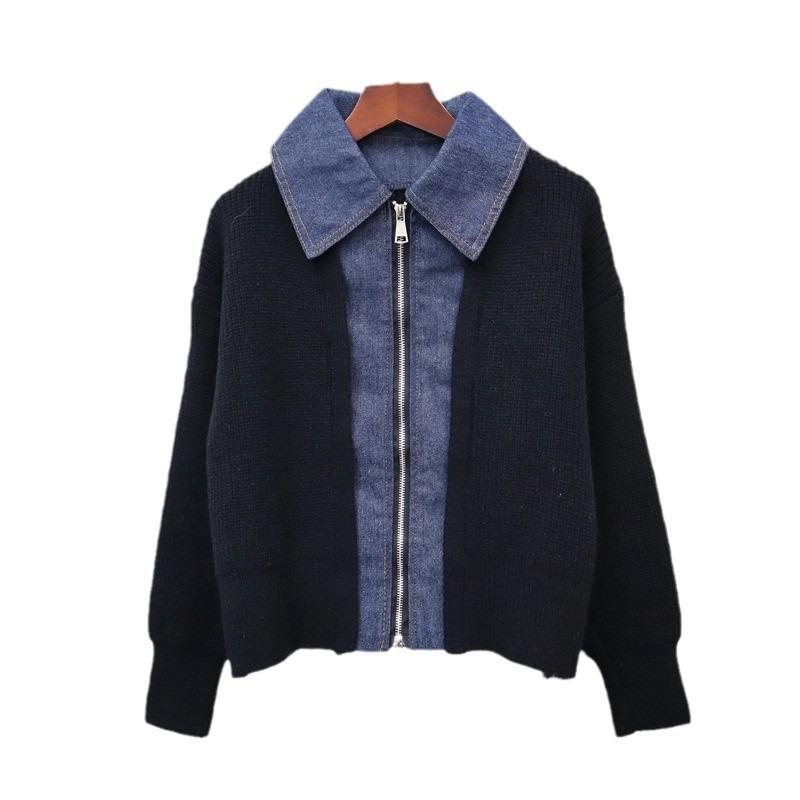 Autumn and Winter New Splicing Denim Double Zipper Knitted Cardigan Short Design Loose Sweater Jacket Women