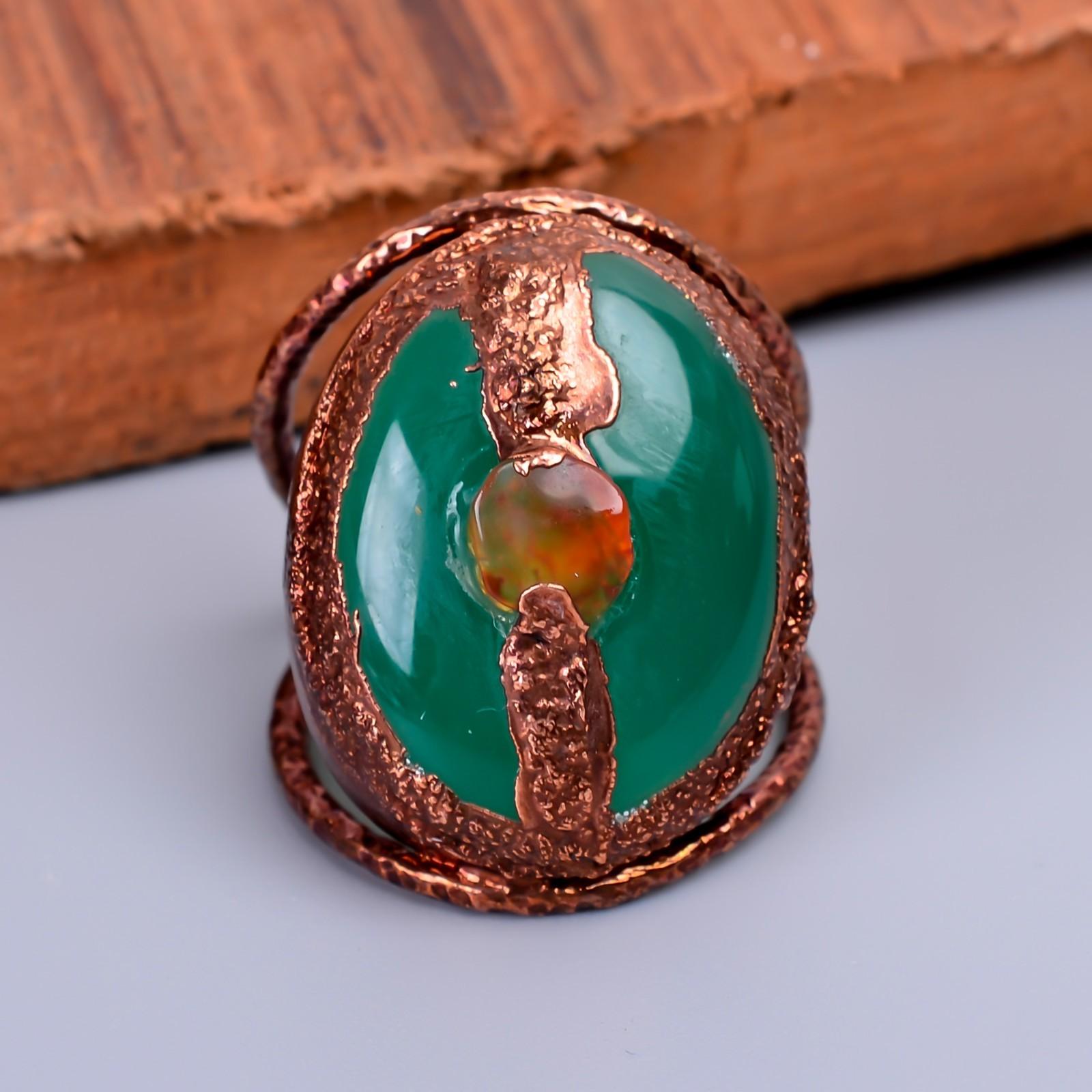 

Oval Green Chalcedony Gemstone Eternity Electroformed Boho Ring Jewelry Copper V-62