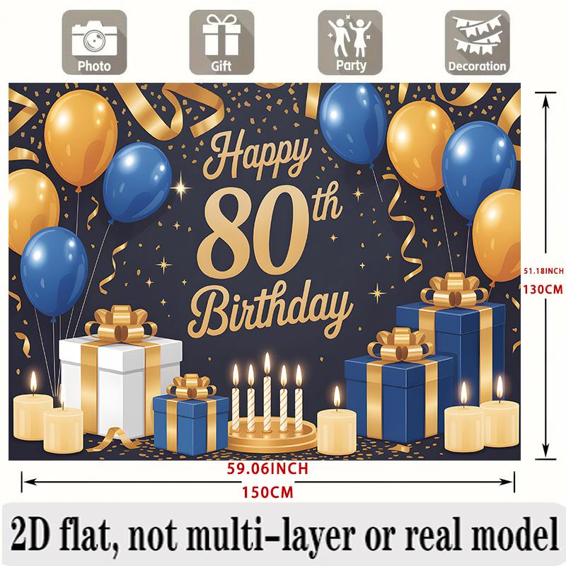 Party Backdrop 80Th Birthday Blue Elegant Flat Banners Golden Balloons Boxes Candles Photo Booth Decor Front Door Decor