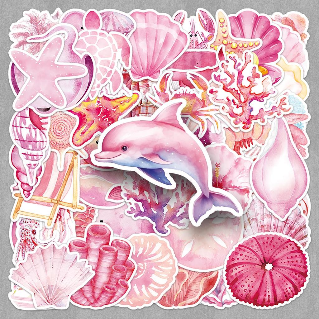 50 Pink Ocean Sea Turtle & Jellyfish Stickers for Water Cups, Desktops & Headphones