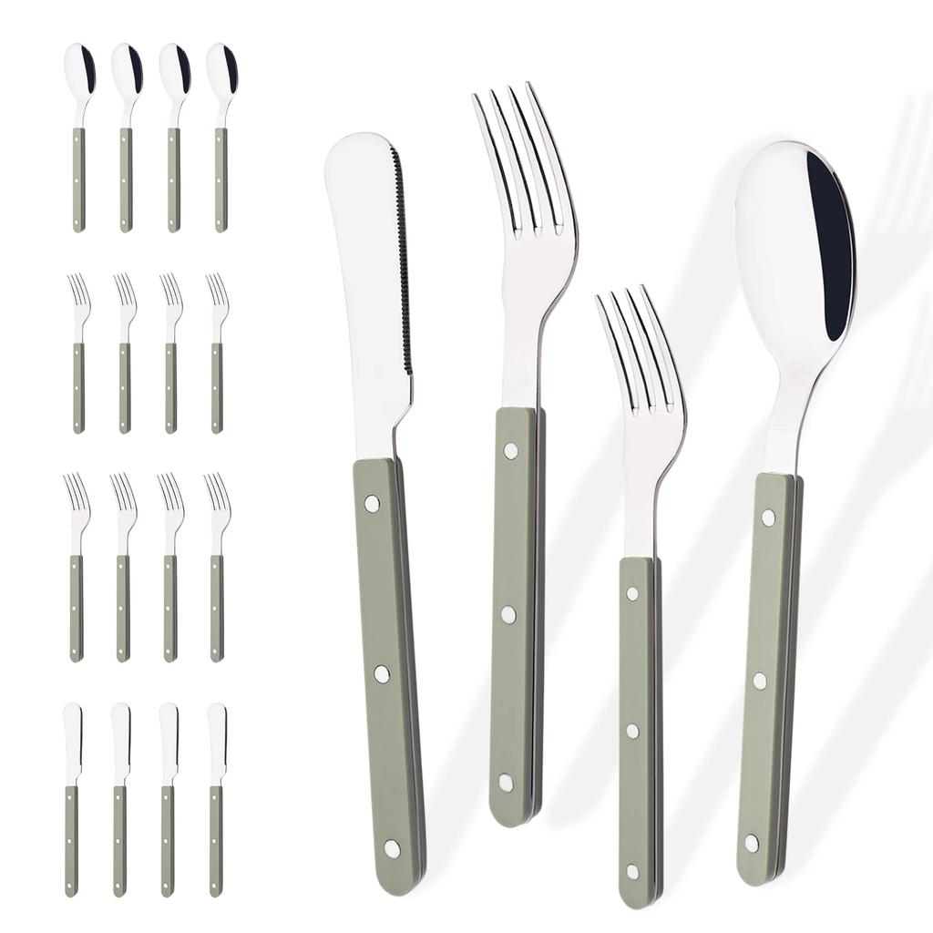 Grün Silber 16-teiliges Geschirr ABS-Griff Nieten Dekoration Besteckset Westliches Messer Gabel Löffel Edelstahl Besteckset