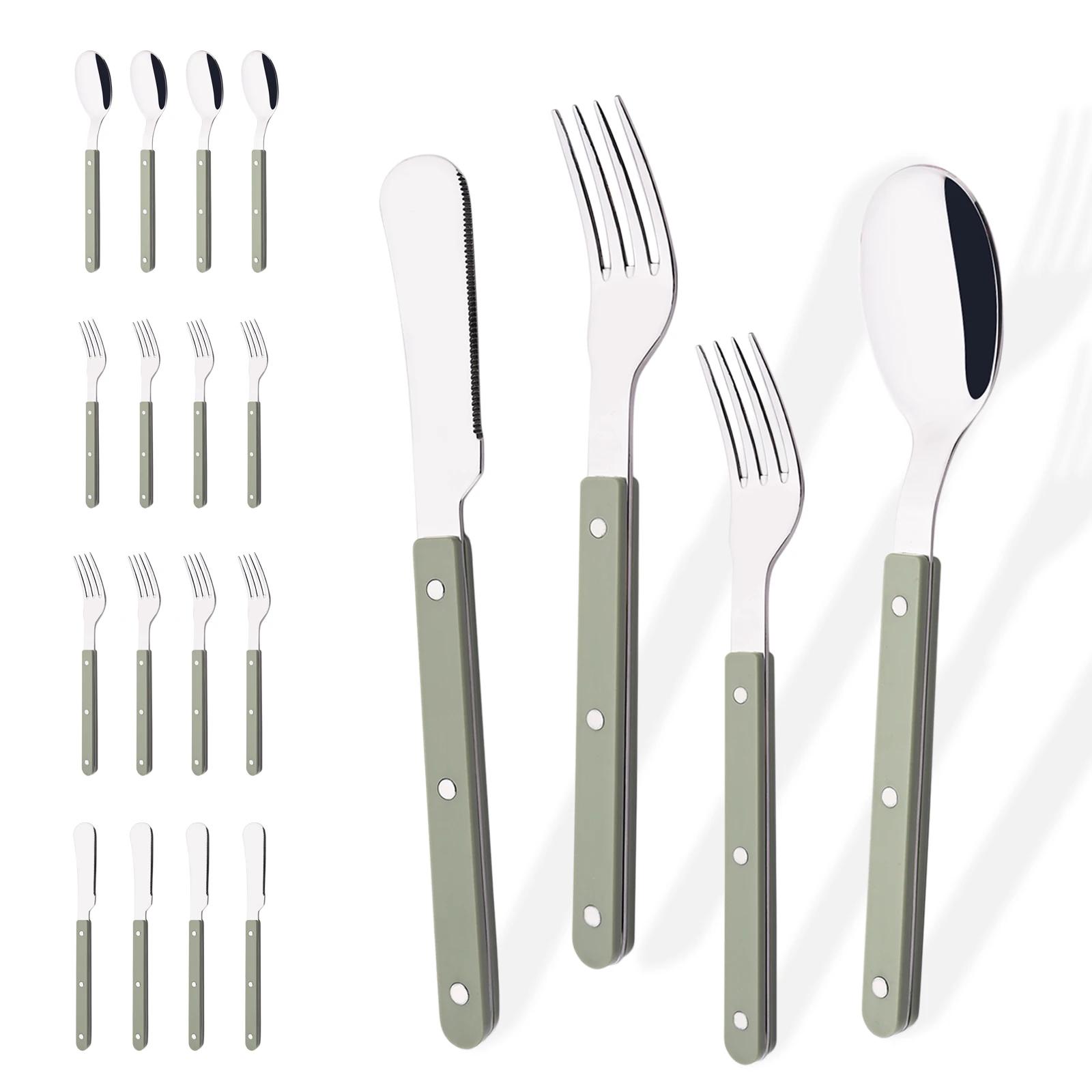 

Зеленый Серебристый 16 шт. Набор столовой посуды Ручка ABS Заклепки Декор Набор столовых приборов Западный Нож Вилка Ложка Набор столовых приборов из нержавеющей стали