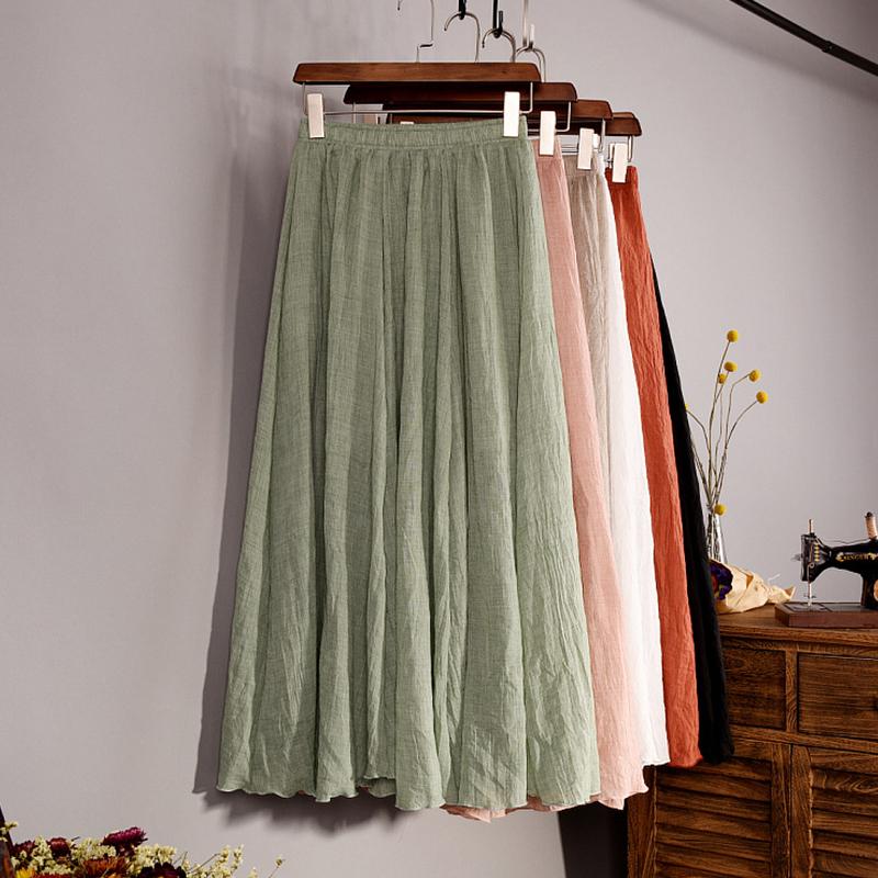 Vintage Solid Pleated Long Skirts Cotton Linen Maxi Skirt for Women Summer Elastic Waist  Girls Boho Beach Skirt A-Line Skirt
