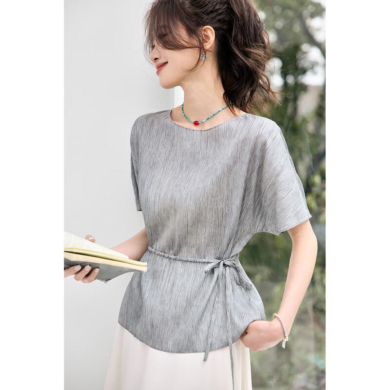 

Srcr Women s 96% Mulberry Silk Tie-Waist Textured T-Shirt XL