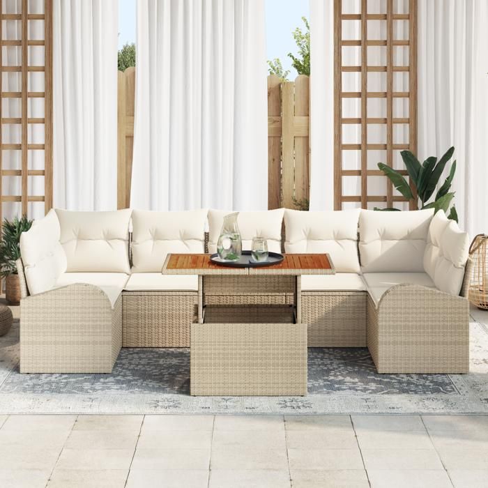 VidaXL Ensemble de jardin 8 pièces avec coussins Beige Poly Rotin Acacia 3349553