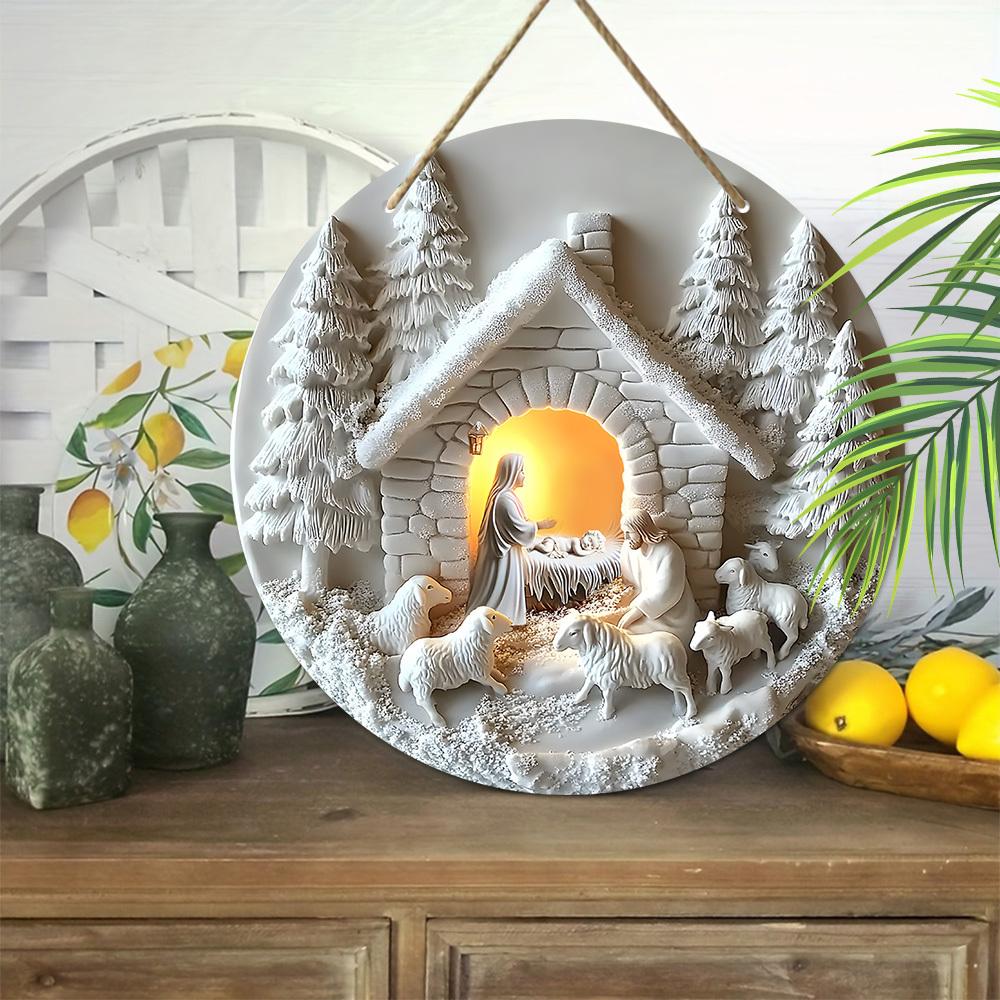 5pcs Wooden Nativity Scene Christmas Sign - 2D Flat Relief, No Electricity or Battery Needed, Festive Wall Hanging Ornament for Home Decor