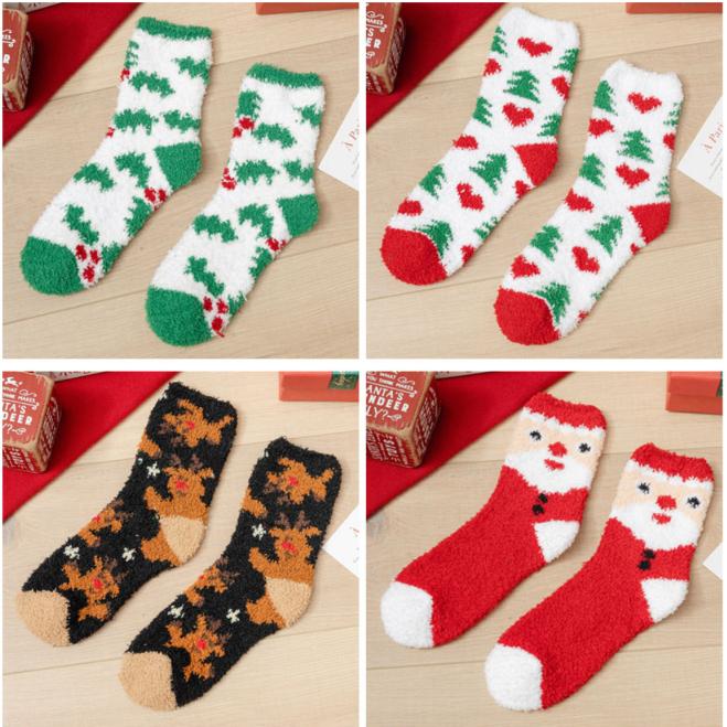 Christmas Fuzzy Socks 6 Pairs, Santa Snowman Reindeer Tree, Women's Winter Gift Set, Random Color