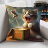 1pc, Humorous Cat and Mouse Pillowcase - French Style, Machine Washable, Zipper Closure, 45.72x45.72 Cm, 100% Polyester Decorative Sheet, Suitable for