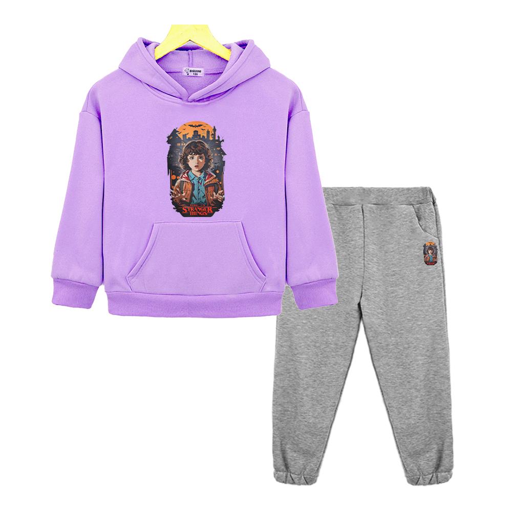 Stranger Things Print Anime Hoodie Fleece Sweatshirt Jacket 2pcs Pullover+pant Boy Girls Hooded Spors Sets Kids Boutique Clothes