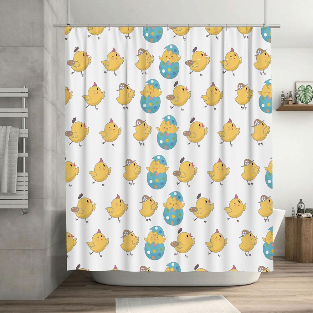 Easter-themed shower curtain with yellow chicks and blue eggs waterproof fabric for bathroom decor (Length: 180cm)