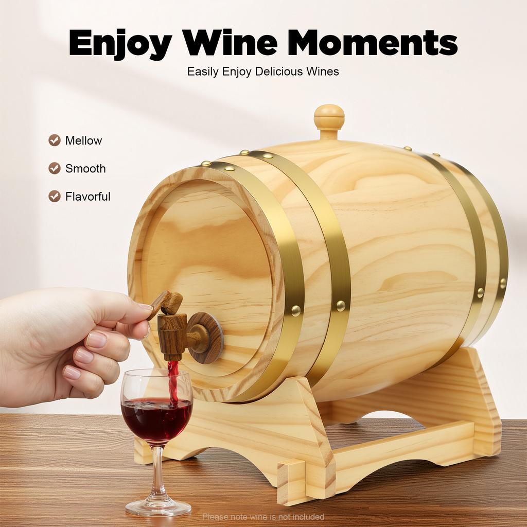 5L Pine Wood Whiskey/Beer Fermentation Barrel | Hand-Crafted Natural Wood Grain Design, Wine Storage & Party Dispensing Durable Pine Wood Construction