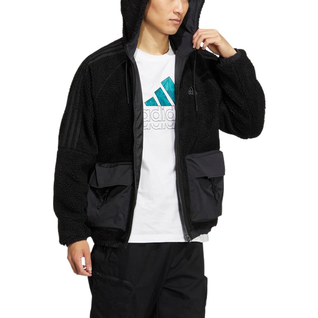 Adidas Jednobarevná fleecová bunda s logem s dlouhým rukávem Pánská bunda Černá HR4440