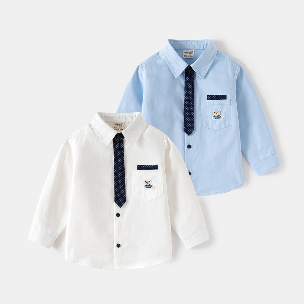 Boys Long Sleeve Shirt School Style Button Down Collared Top Loose Fit Fashion Casual Clothing for Toddler and Kids