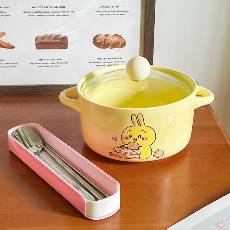 High-value Cute Tableware Ceramic Instant Noodle Bowl with Lid Children's Rice Bowl Student Dormitory Instant Noodle Bowl Binaural Soup Bowl