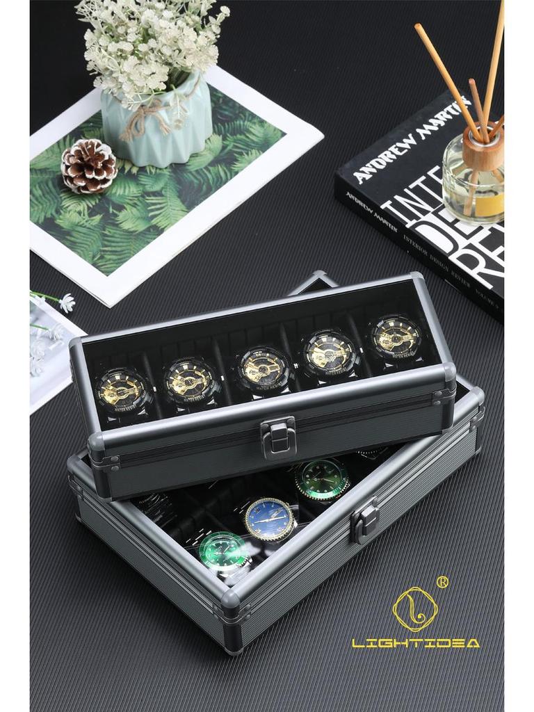Smoky Grey Aluminum Alloy Multifunction Watch and Jewelry Display Box with Transparent Lid