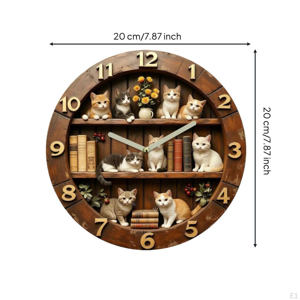 Katzenmotiv Wanduhr Holzoptik mit arabischen Ziffern Rustikal für Buchliebhaber, Wohnzimmer,