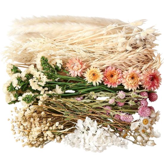 DIY Natural Dried Flower Set Eucalyptus Lavender Wheat Bunny Tails Billy Ball Flower Bouquet with Stems for DIY Crafts Home Wedding Vase Decor