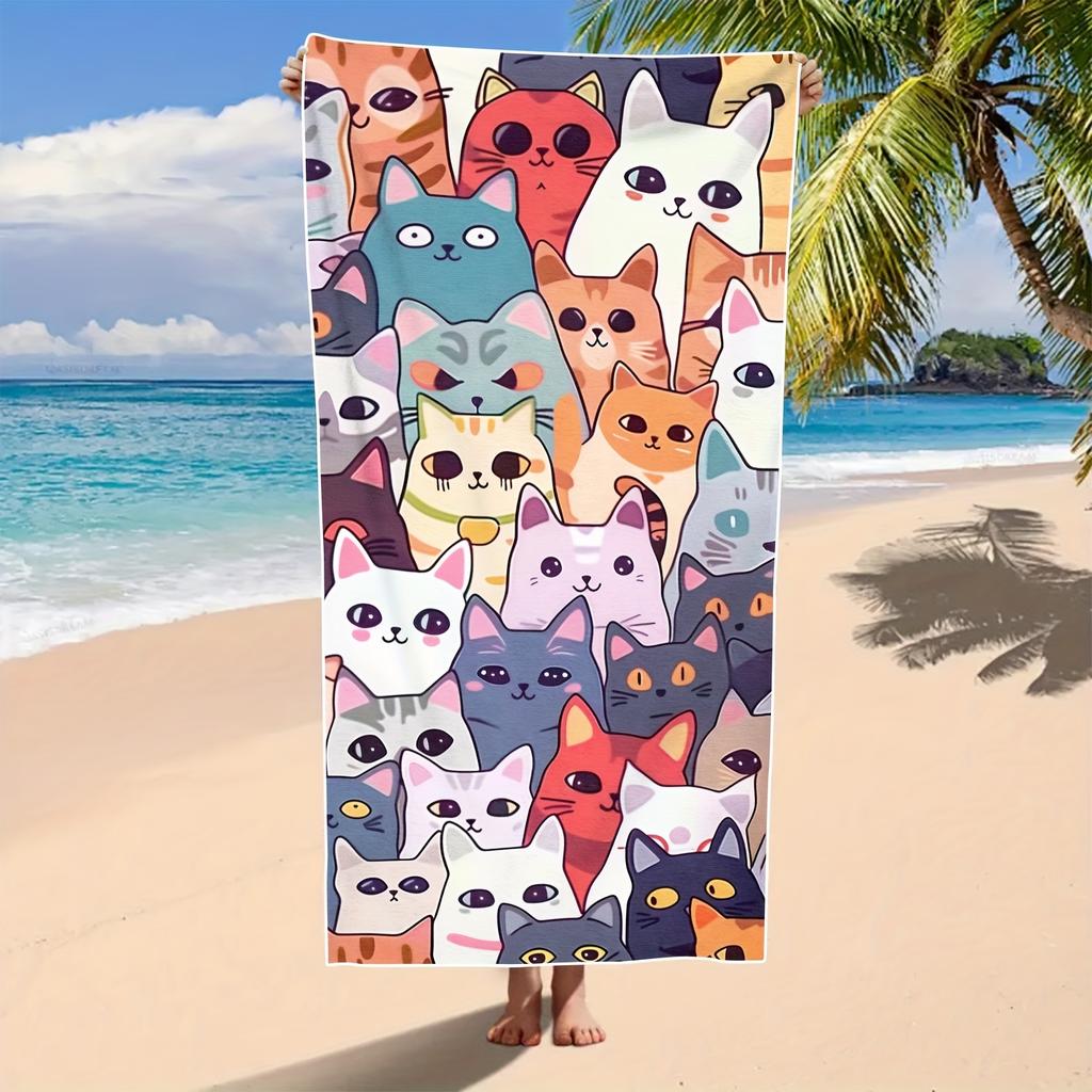 Cat 1pc Cat Cute Cartoon Pattern Beach Towel, Large Soft Absorbent Sun Protection Lightweight Towel for Beach Shower Swimming