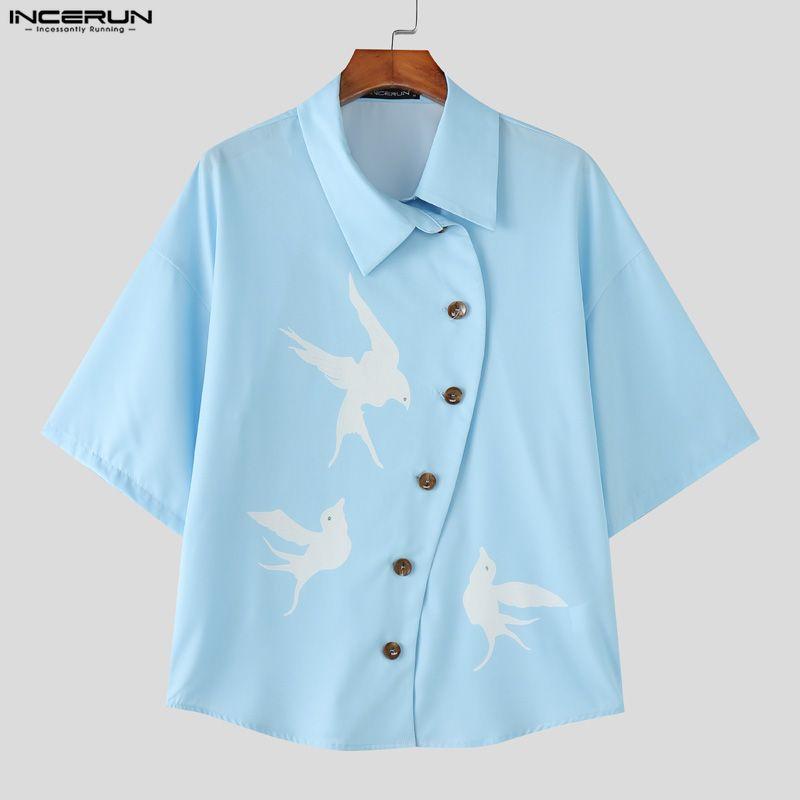 INCERUN Oversized Men Lapel Neck Short Sleeve Side Buttons Up Print Casual Loose Shirts