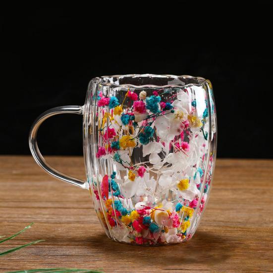 Double-Walled Glass Mug with Dried Flowers 250/350ml Heat Resistant Handle Coffee Cup for Hot Drinks Unique Artistic Glassware