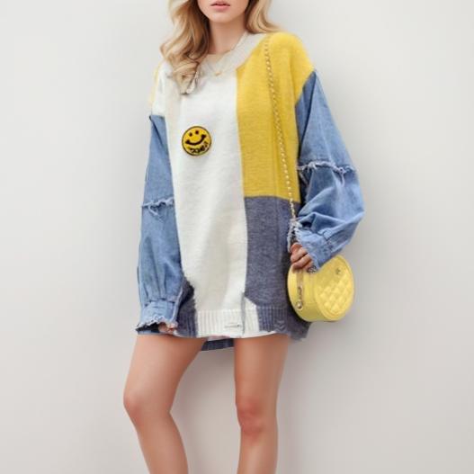 

DIMANAF 2024 Женские свитера Осенний однотонный джинсовый трикотажный модный повседневный стиль Свободный пуловер свитер