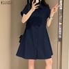 ZANZEA Damen Casual Turn Down Kragen Sommer Kurzarm Shirt Kleid