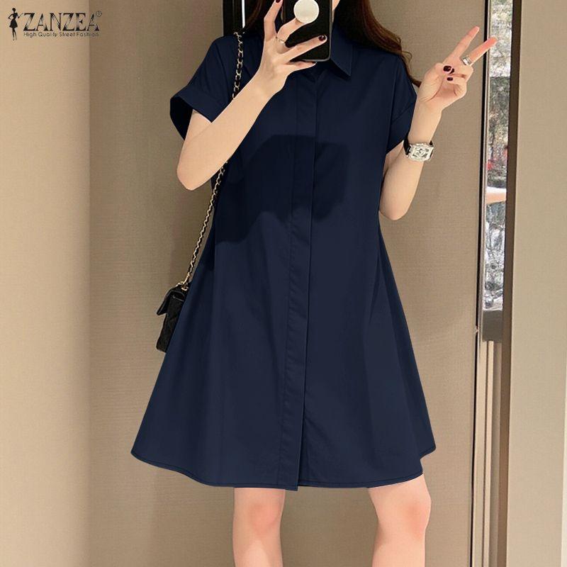 ZANZEA Damen Casual Turn Down Kragen Sommer Kurzarm Shirt Kleid