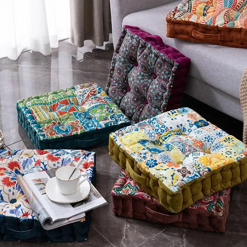 Retro Thicken Square Chair Cushion Soft Dutch Velvet Printed Butt Pad Portable with Handle Outdoor Garden Seat Cushions 40x40cm