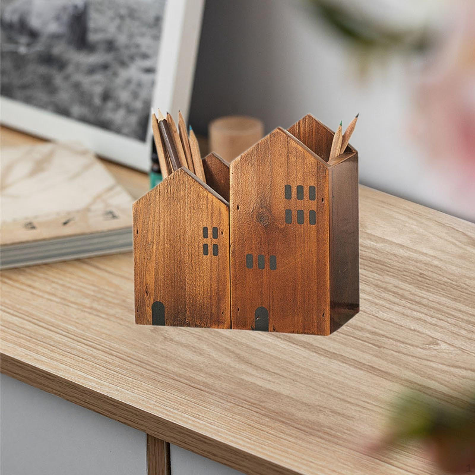

Деревянный домик в форме ручки держатель карандаша косметические кисти многофункциональные для гостиной центр темно-коричневого