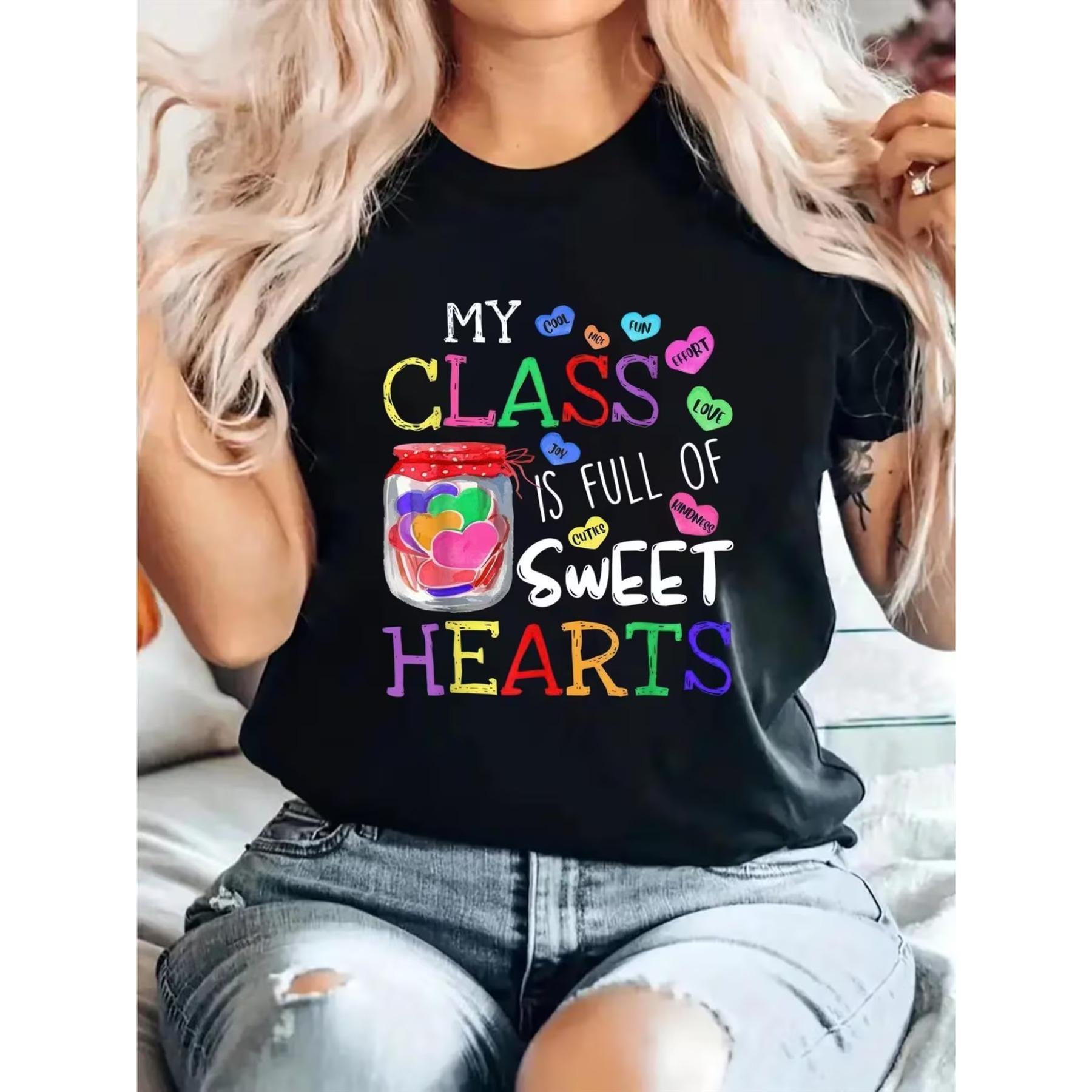 

Women s Soft Casual Teacher T-Shirt - My Class Is Full of Sweet Hearts Cute Heart Print, Lightweight Comfortable XXL чорний