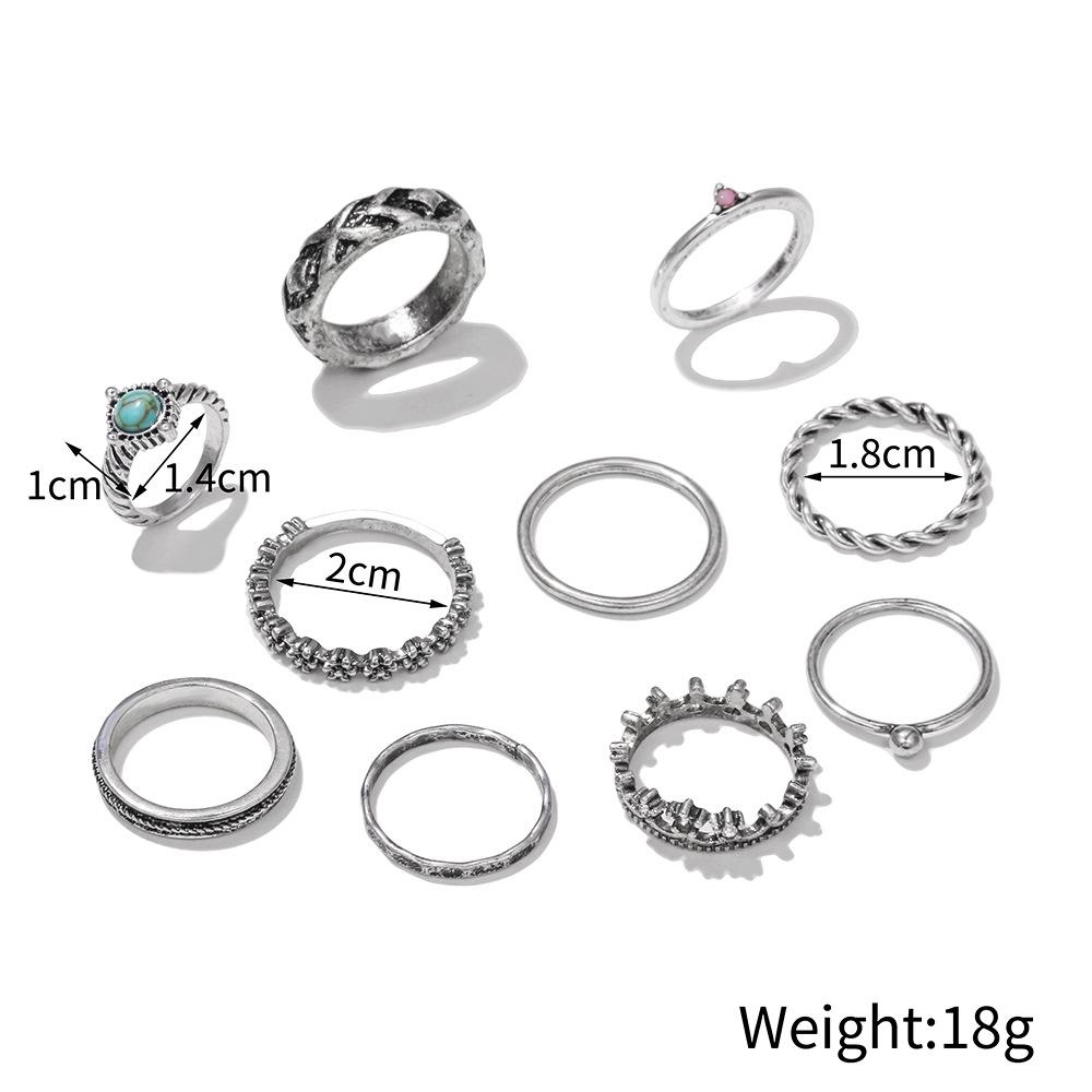Vintage Trend Metal Crown Articulated Ring Set Vintage 10 Geometric Hollow Turquoise Ring Set Ring Combination