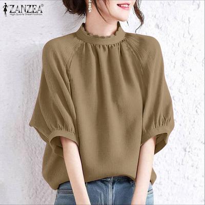 Women Summer Stand Collar Casual 3/4 Sleeve Blouse