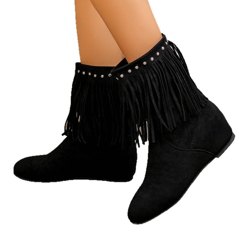 Damen Vintage Fransenstiefel, Distressed Western Stiefeletten, Spitzschuh Flache Sohle Nietenbesetzte Stiefeletten für Damen