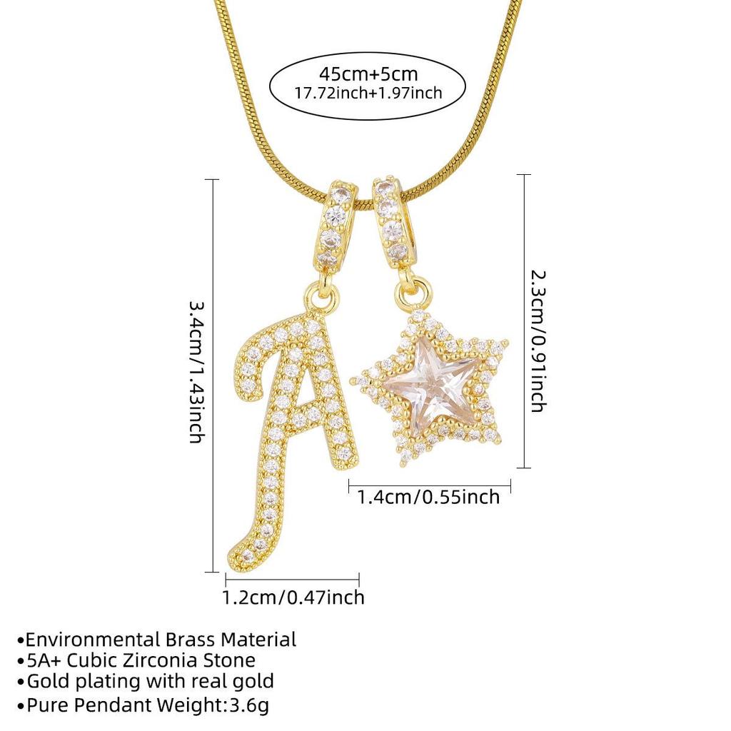 18K Gold Plated Copper Necklace with Zirconium Pentagram & Letter Pendant for Women