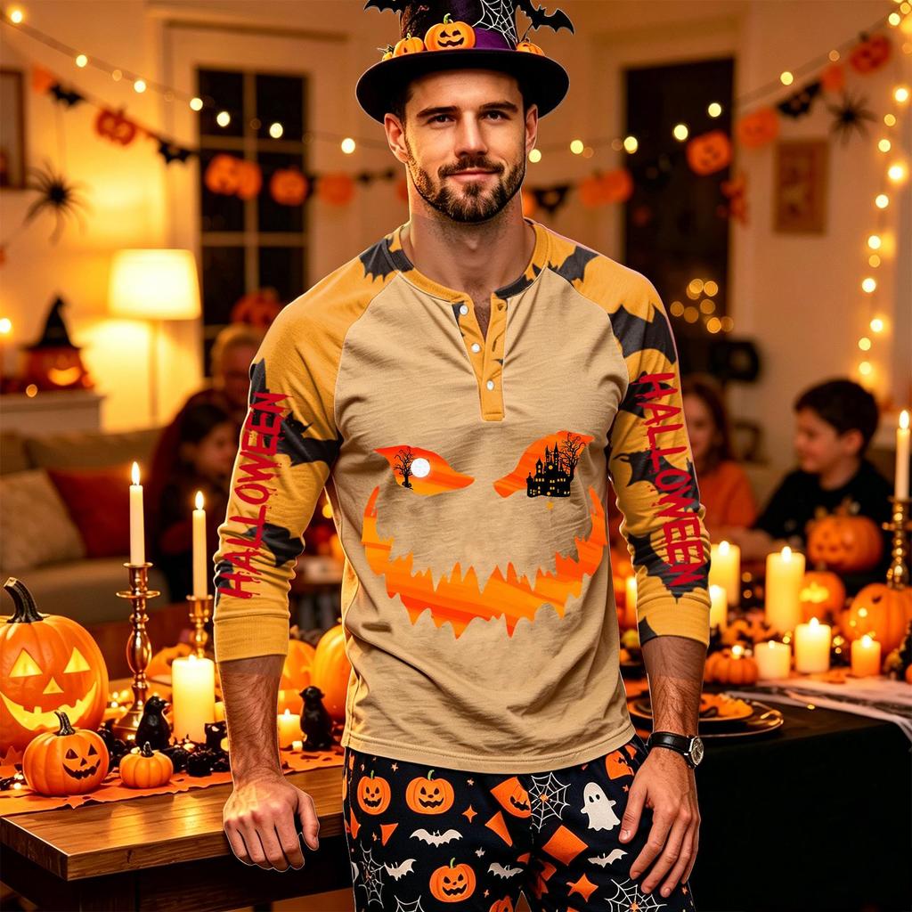 Men's Long Sleeve Shirt with Halloween Print Pattern for Casual Wear
