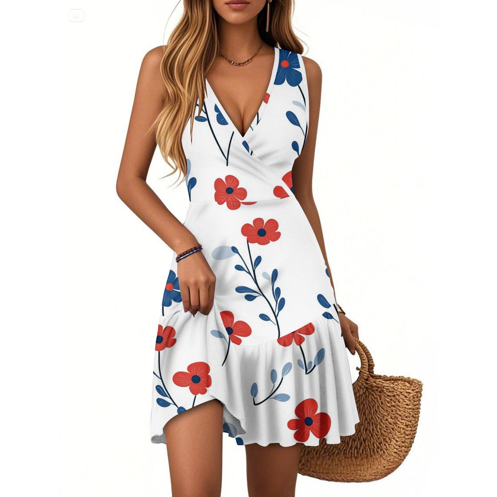 

Женское летнее платье с V-образным вырезом, без рукавов, повседневное, с цветочным принтом, с плиссированным подолом XL белый